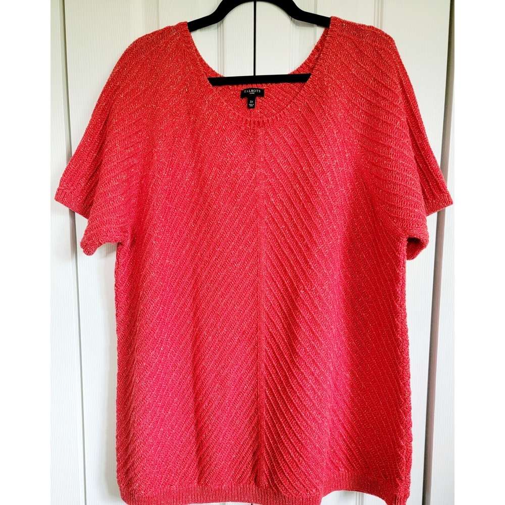 Talbots 3X Red Short Sleeve Sweater Silver Sparkle‎ Round Neck Stretch NWOT